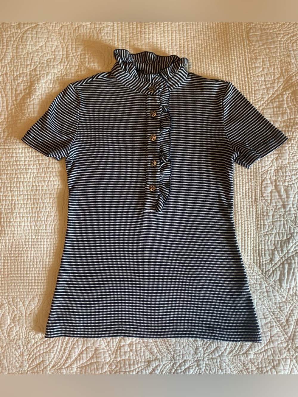 Tory Burch "Lidia" Ruffle-Trim Striped Polo Shirt